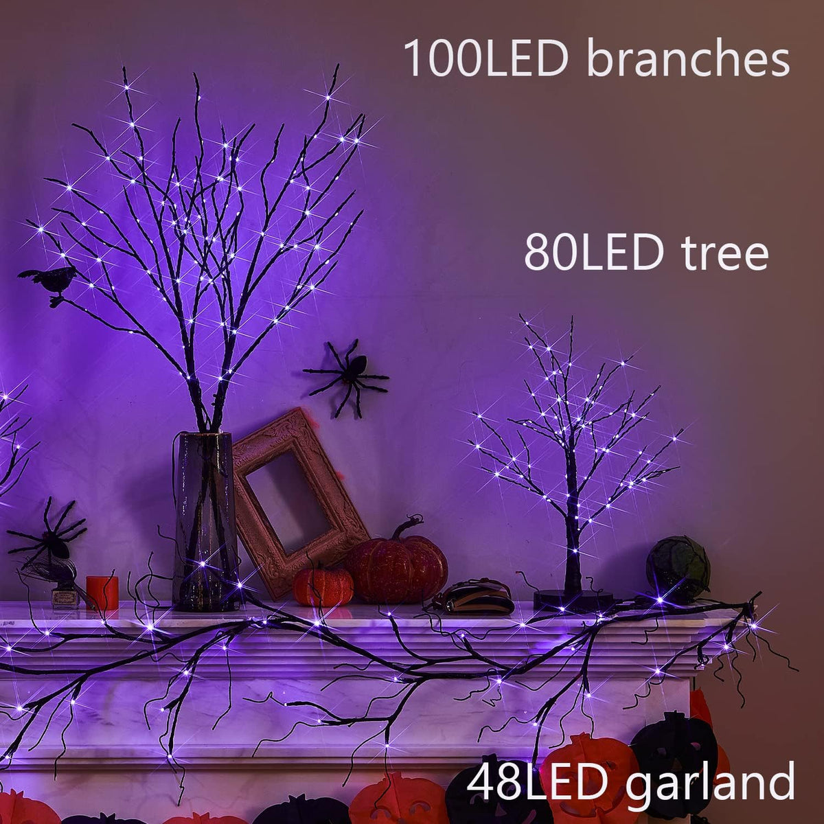 Fudios Lighted Halloween Tree with Timer 80 LED Purple Lights USB Plug or Battery Operated,18in Pre-lit Spooky Black Trees Table Indoor Home Decor