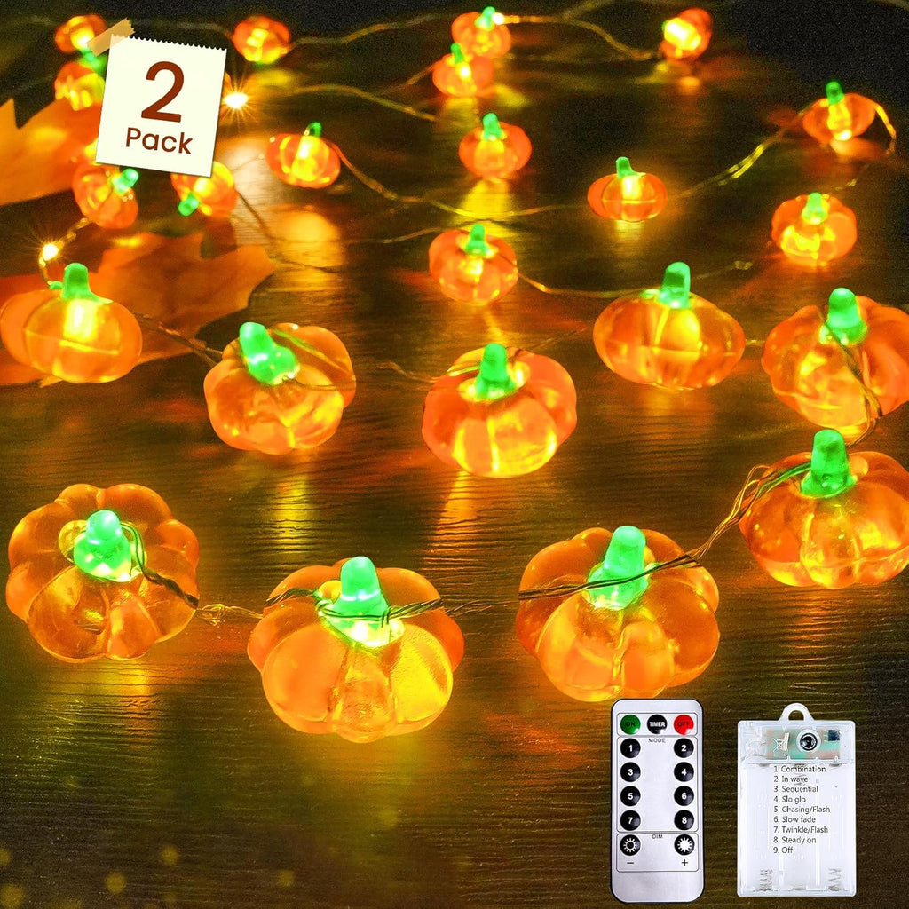 2 Pack 60LED Fall Decoration 3D Pumpkin String Lights Battery Operated, 20FT Fall Lights with Remote, Waterproof 8 Modes Fairy Lights for Autumn Harvest Thanksgiving Halloween Decor