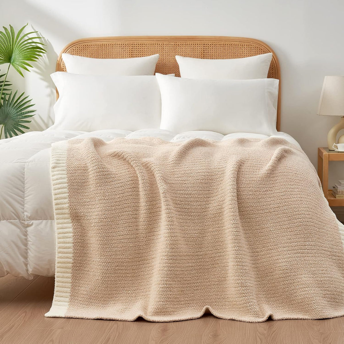 Snuggle Sac Heather Beige Throw Blankets Luxurious Microfiber Fabric, Reversible Super Soft Throws Warm Cozy Knit Fuzzy Plush Throw Blanket for Couch, Bed, Sofa, Camping, Beige,50x60 inches