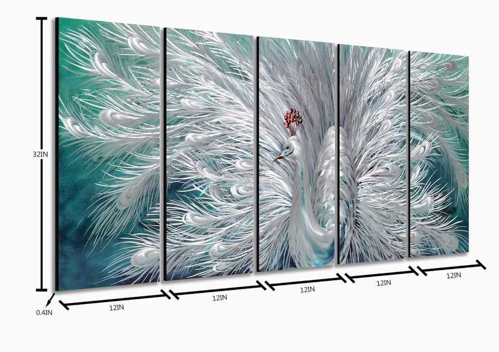 Yihui Arts Peacock Metal Wall Art, Teal and Silver Aluminum Artwork, Modern Sculpture for Living Room Bedroom Bathroom Decor