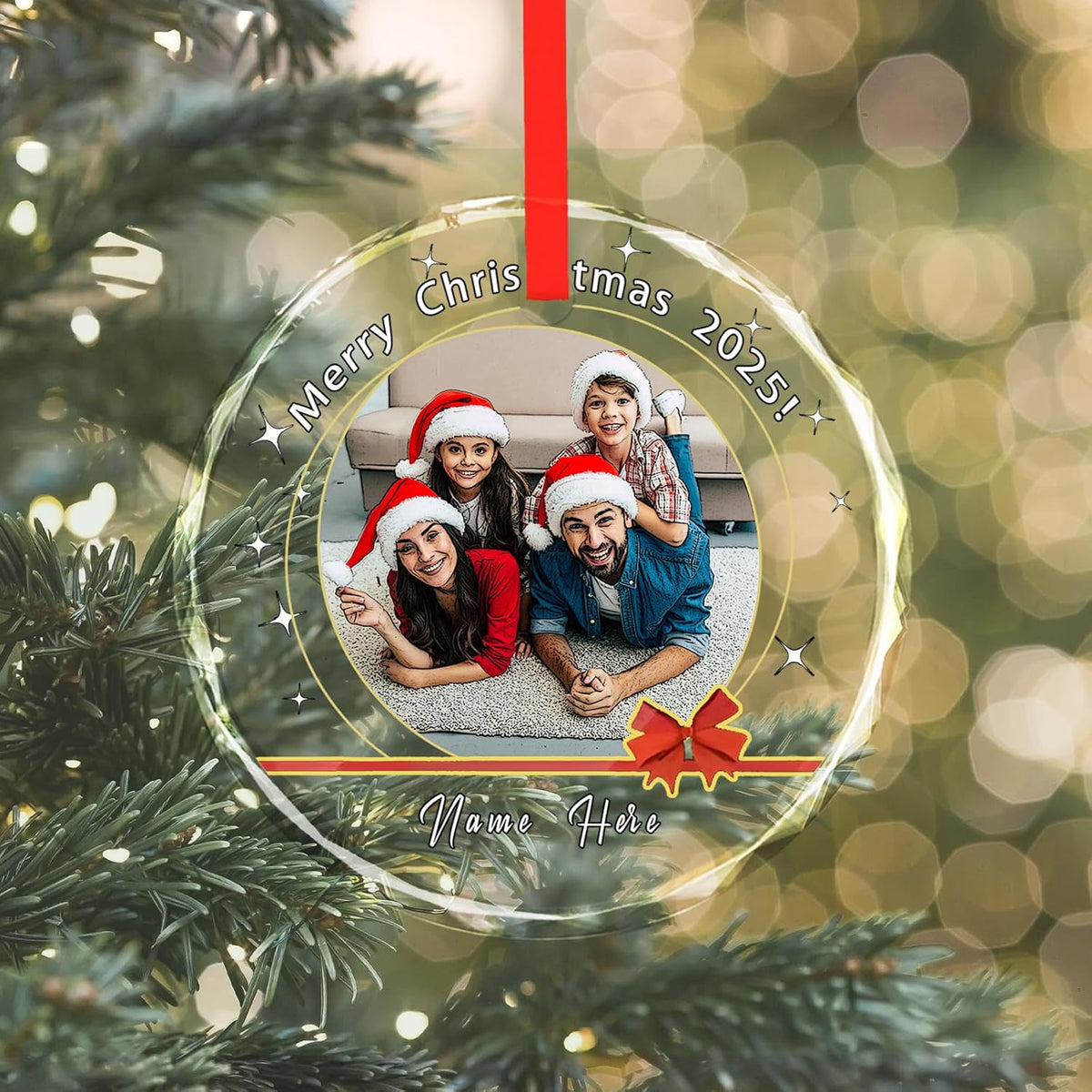 Personalized Christmas Ornaments, Custom Glass Ornament with Name/Photo/Text,Customized Christmas Tree Decor Gifts for Family, Dad, Mom, Him, Her, Couple, Red Ribbon