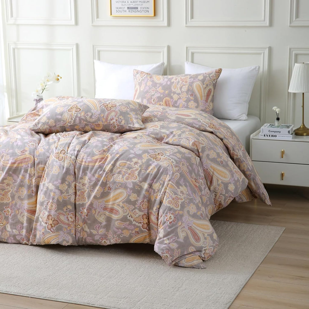ABREEZE Paisley Bedding Sets 3Pcs Brushed Cotton Duvet Cover Set Queen Size Rustic Damask Gold Floral Comforter Cover with Zipper Closure Boho Bedding Collections