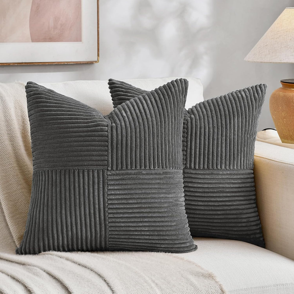 Fancy Homi 2 Packs Dark Gray Euro Decorative Throw Pillow Covers 26x26 Inch for Couch Bed Sofa, Rustic Farmhouse Boho Home Decor, Soft Corss Corduroy Patchwork Textured Square Cushion Case 66x66 cm