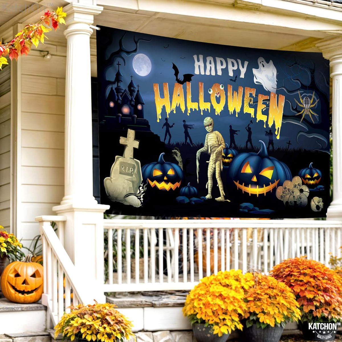 KatchOn Spooky Happy Halloween Banner - XtraLarge, 72x44 Inch | Pumpkin Backdrop for Parties, Party Decorations | Blue Photo Backdrop, Skull Decorations Indoor