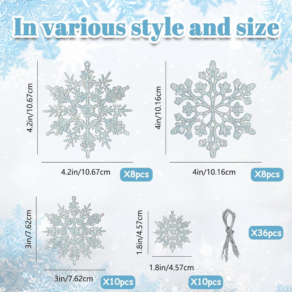 36pcs Iridescent Silver Christmas Snowflake Ornaments, Plastic Sparkling Glitter Hanging Snow Flakes for Christmas Tree Decorations Winter Wonderland Frozen Birthday Party Holiday Home Decor