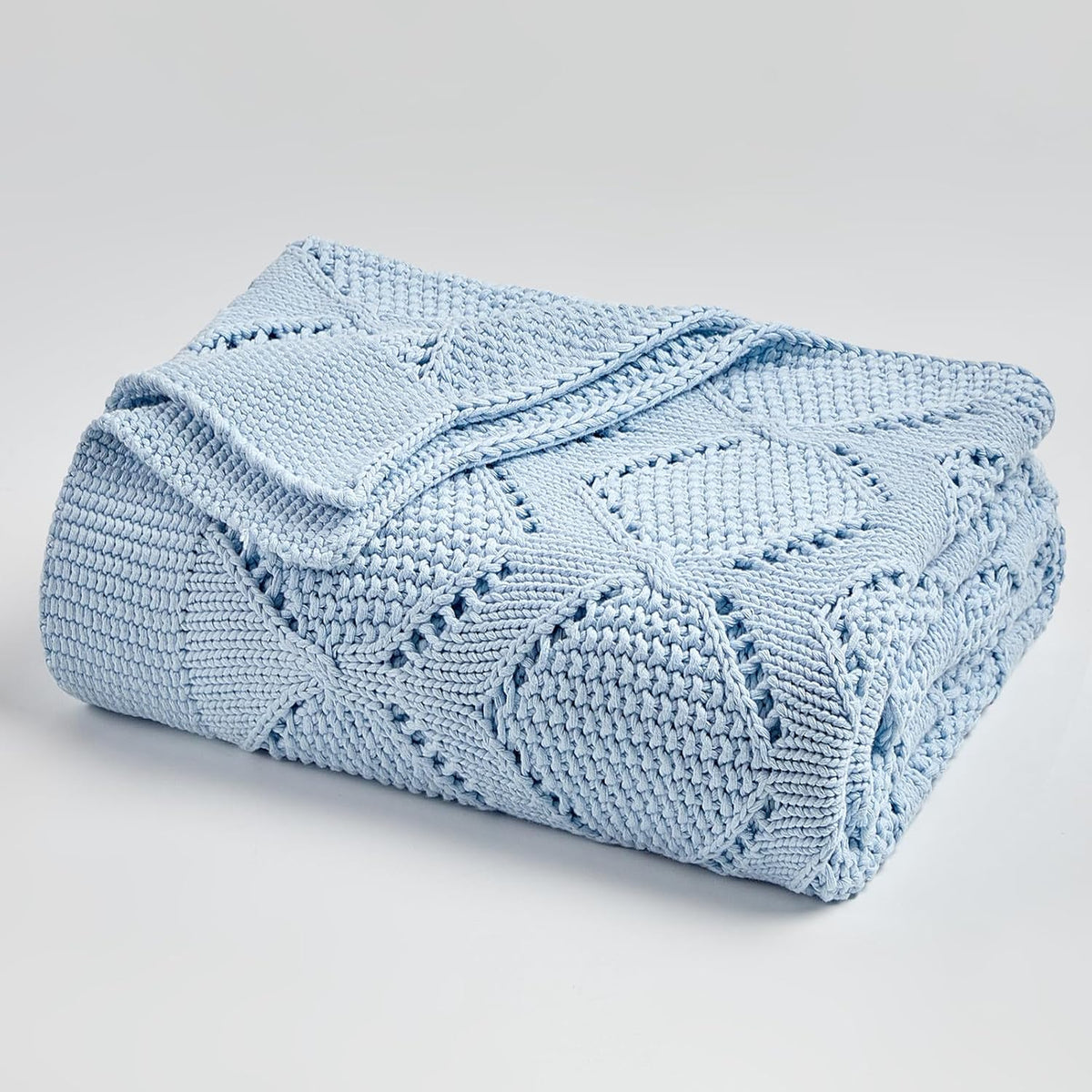 Longhui bedding Chunky Cotton Knit Throw Blanket for Couch, Sofa, Bed, or Chair, Decorative Breathable Fall Cable Knit Blanket 60 x 80 Inches, Light Blue