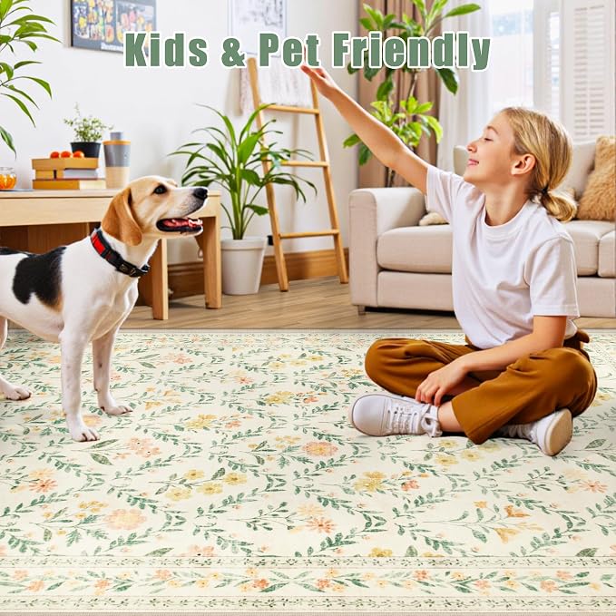 PLHXFR Round Area Rug Living Room: 8 ft Floral Washable Carpet Beige Multi | - Image 6