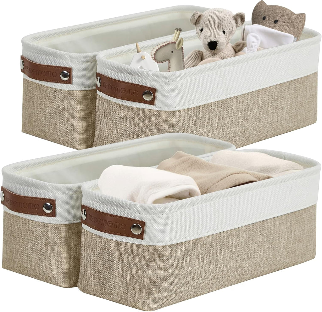 DECOMOMO Narrow Storage Bins Small Baskets for Organizing Bathroom, Toilet Tank, Towel Storage, Entryway, Gifts (Beige and White - Set of 4)