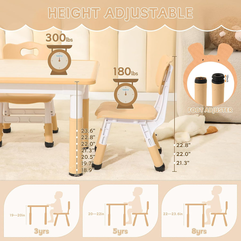Height-Adjustable Kids Table and Chairs, 31.5''L x 23.6''W Toddler Table and 4 Chairs Set with Anti-Slip Foot Covers, Children Activity Table for Ages 2-10, Graffiti Desktop