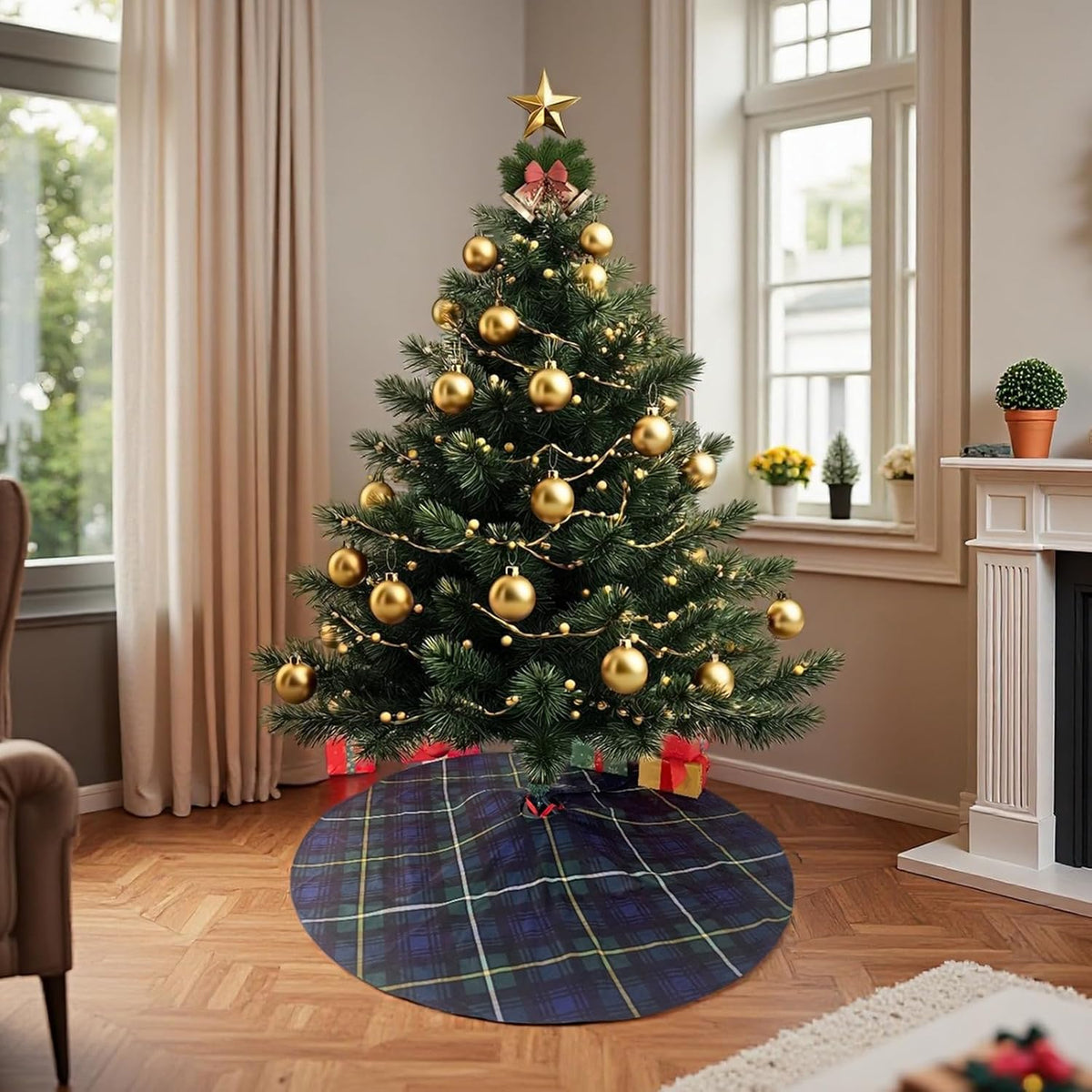 Christmas Tree Skirt 36 Inch – Campbell Clan Tartan Navy Blue and Green Plaid Tree mat for 4–6 FT Xmas Trees, Classic Scottish Holiday Decor for Farmhouse, Home, Office, Indoor or Outdoor