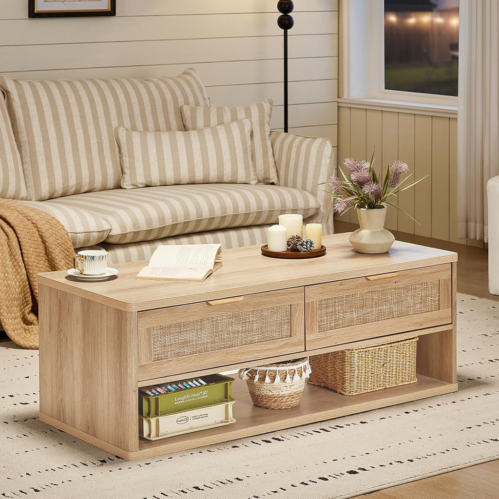 LEYAOYAO Boho Rattan Coffee Table Sets 2 Pieces, Nightstand with Charging Station and Coffee Table with Hidden Storage Compartment, Natural Living Room Table Set, Wood Furniture Sets for Home Office