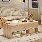 LEYAOYAO Boho Rattan Coffee Table Sets 2 Pieces, Nightstand with Charging Station and Coffee Table with Hidden Storage Compartment, Natural Living Room Table Set, Wood Furniture Sets for Home Office