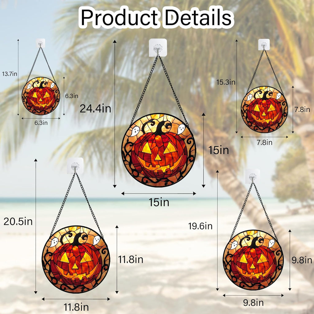Stained Glass Window Hanging - Halloween Decorations Evil Pumpkin Orange Suncatcher for Doors Garden Indoor Funny Spooky Sun Catchers Gothic Decor Horror Gifts for Women Men Friend 9.8 in