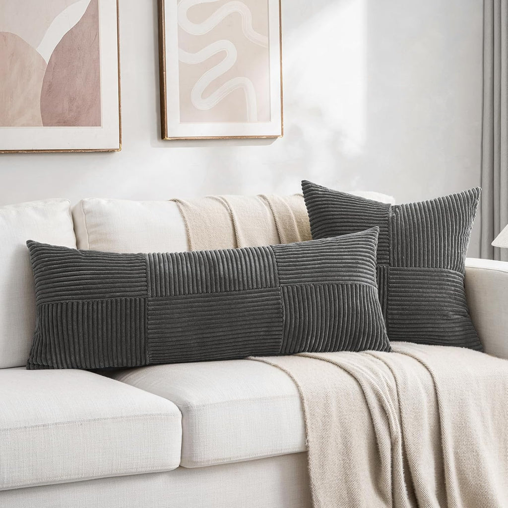Fancy Homi 2 Packs Dark Gray Decorative Throw Pillow Covers 20x20 Inch for Living Room Couch Bed Sofa, Farmhouse Boho Home Decor, Soft Corss Corduroy Patchwork Accent Square Cushion Case 50x50 cm