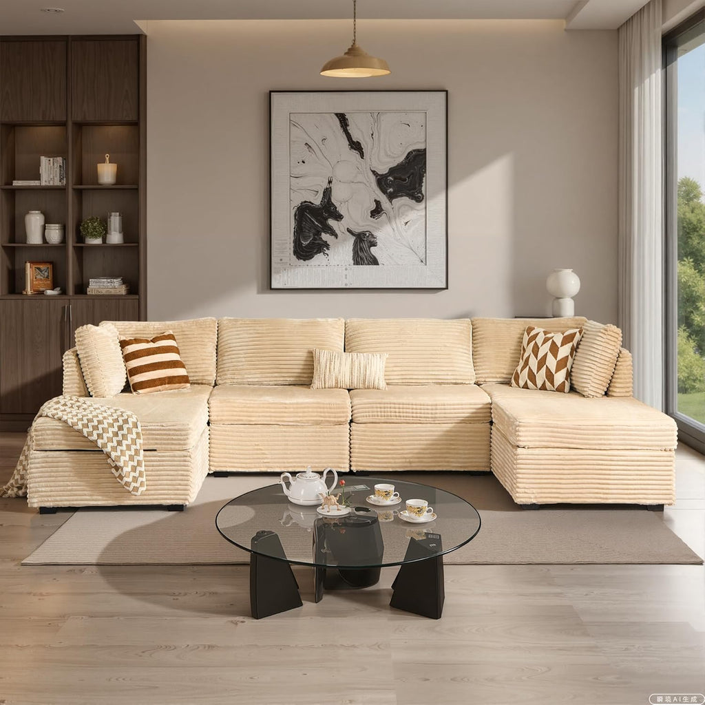 ovios Sectional Sofa Couch with U-Shape Chaise Ottomans, Comfy Modular Cloud Couches with Deep Seat, Modern Upholstered Plush Corduroy Sofas Set for Living Room, 6-Seater, Beige