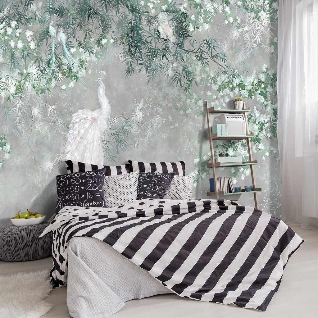 -Green Leaf Botanical Peacock Fabric Wallpaper Wallpaper Living Room Bedroom Bathroom Grey Plant Large Wall Mural- 160"x108"（ not Peel and Stick）