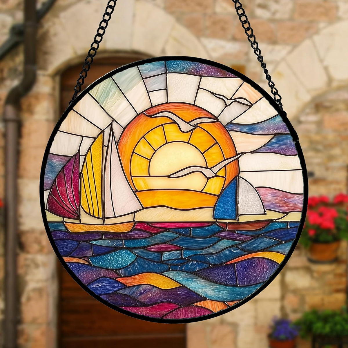 Stained Glass Window Hanging, Sailboat and Waves Suncatcher Diamond Glass Panel Hangings Sun Catchers Decor for Birthday for Women, Men, Wife, Aunt, and Mom 7.8 in