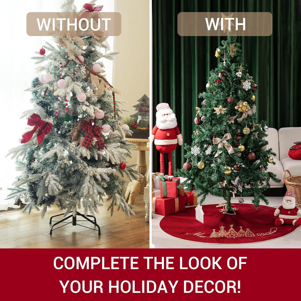 CROWNED BEAUTY Christmas Tree Skirt Red Velvet Collar 50 Inch Embroidered Gold Pine Trees Soft Plush Fur Holiday Decoration (Red) TS36-50