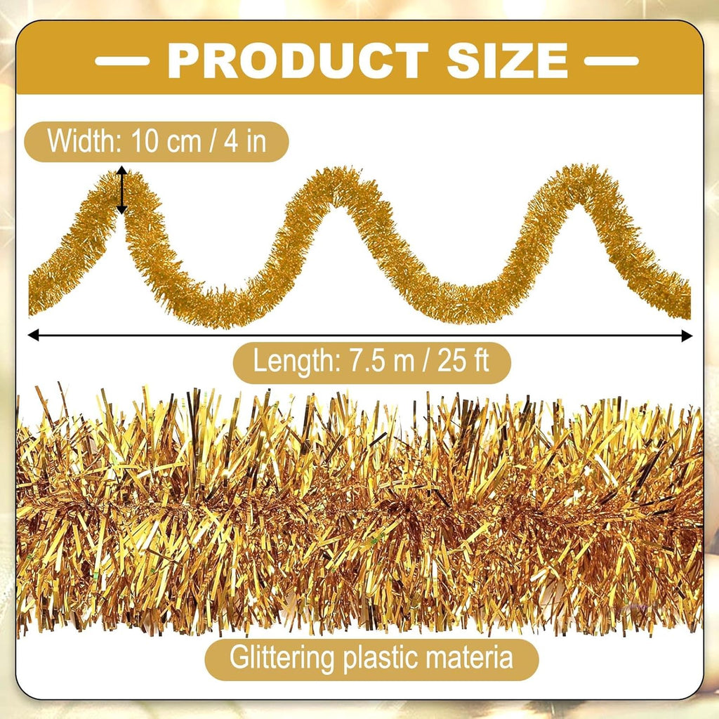 25 Feet Christmas Tinsel Garland, Metallic Twist Wall Hanging Backdrop for Parade Floats, Christmas Eve, New Year, Valentine's Day Party Decorations (Champagne Gold, 4in x 25ft)