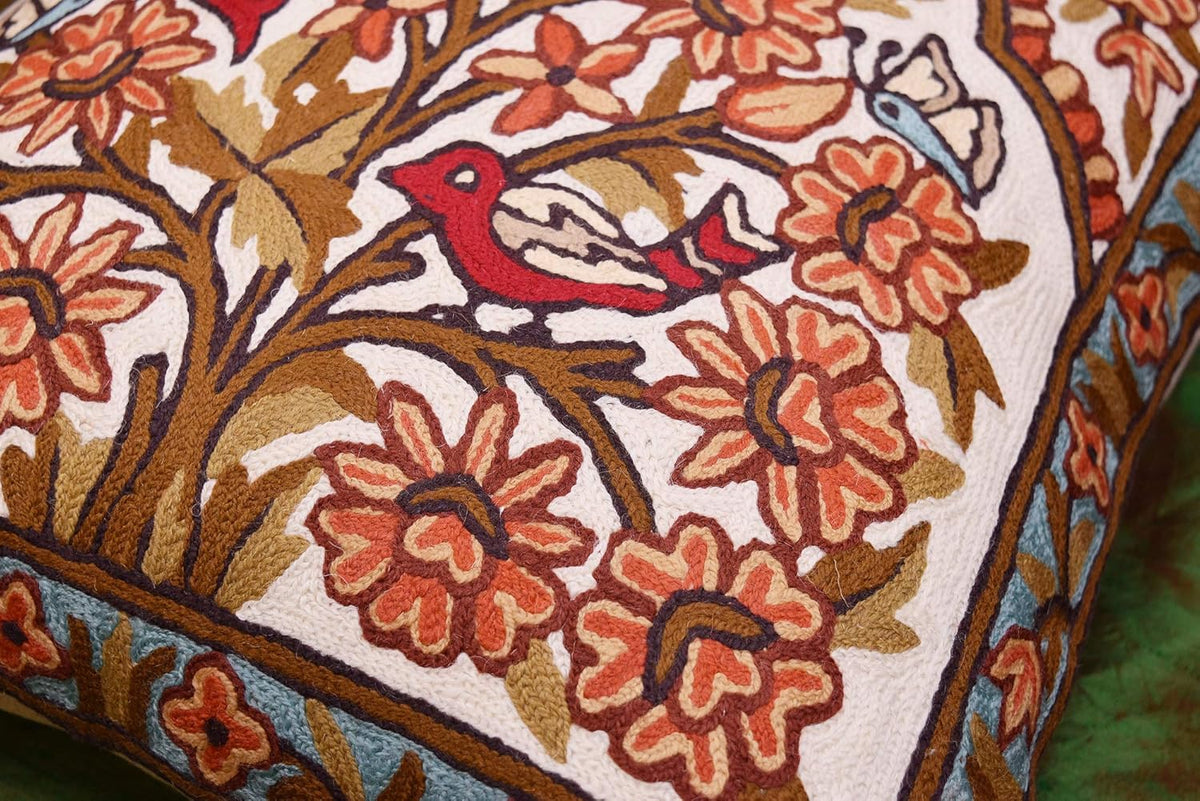 Tree of Life Pillow Cover - Gold Birds & Floral Suzani Cushions - Designer Flower Pillows - Modern Hand Embroidered Wool - Size 18x18