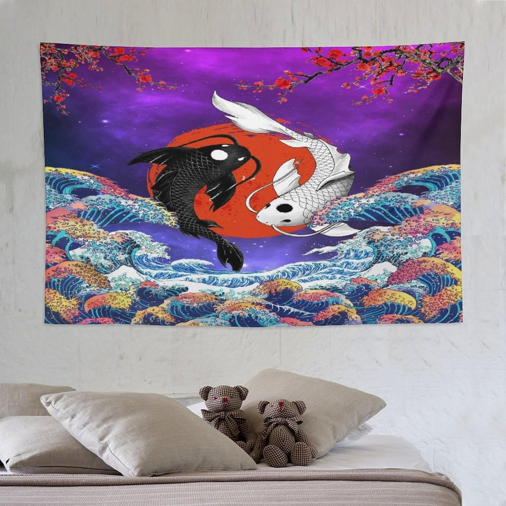 Houselerax Japanese Koi Fish Tapestry, Yin Yang Big Wave Cherry Blossom Tapestries Wall Hanging for Bedroom Living Room Office Decor 90"x60"