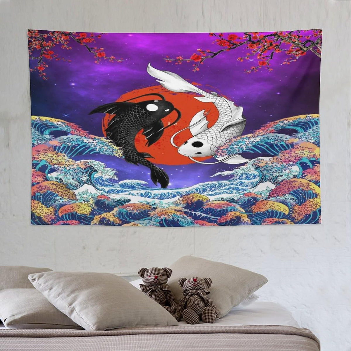 Houselerax Japanese Koi Fish Tapestry, Yin Yang Big Wave Cherry Blossom Tapestries Wall Hanging for Bedroom Living Room Office Decor 90"x60"