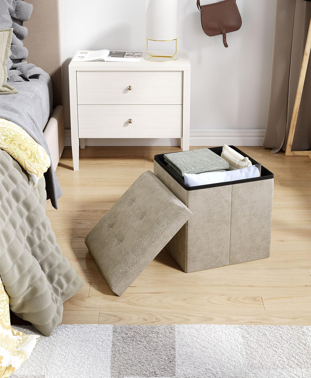 15 Inches Small Folding Storage Ottoman Cube, Storage Footrest, Foot Rest Stool, for Living Room, Bedroom, Dorm, Hallway, Entryway, Sandy Beige