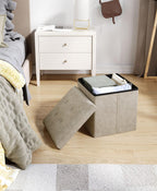 15 Inches Small Folding Storage Ottoman Cube, Storage Footrest, Foot Rest Stool, for Living Room, Bedroom, Dorm, Hallway, Entryway, Sandy Beige