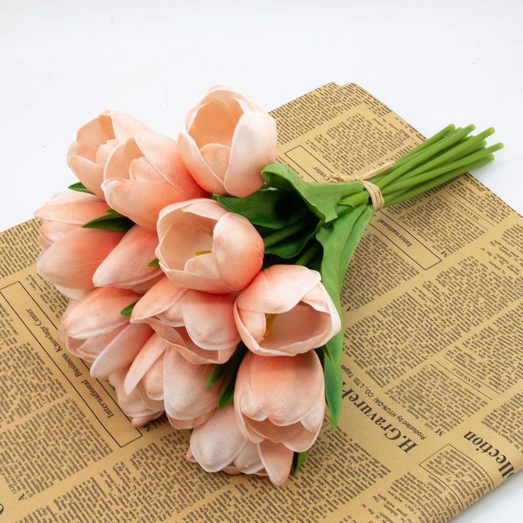 Buart Artificial Tulip in Bulk for Home Kitchen Wedding Bridal Bouquet,Fake Flowers for Valentine's Day Mother's Day Easter Table Centerpieces Decorations(Peach,Real-Touch,12pcs)