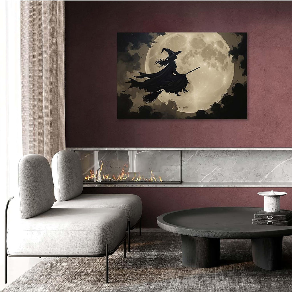 Full moon witch silhouette poster witch on magic broom Halloween mural poster decorative mural art suitable for home living room bedroom20x30in Wood Framed
