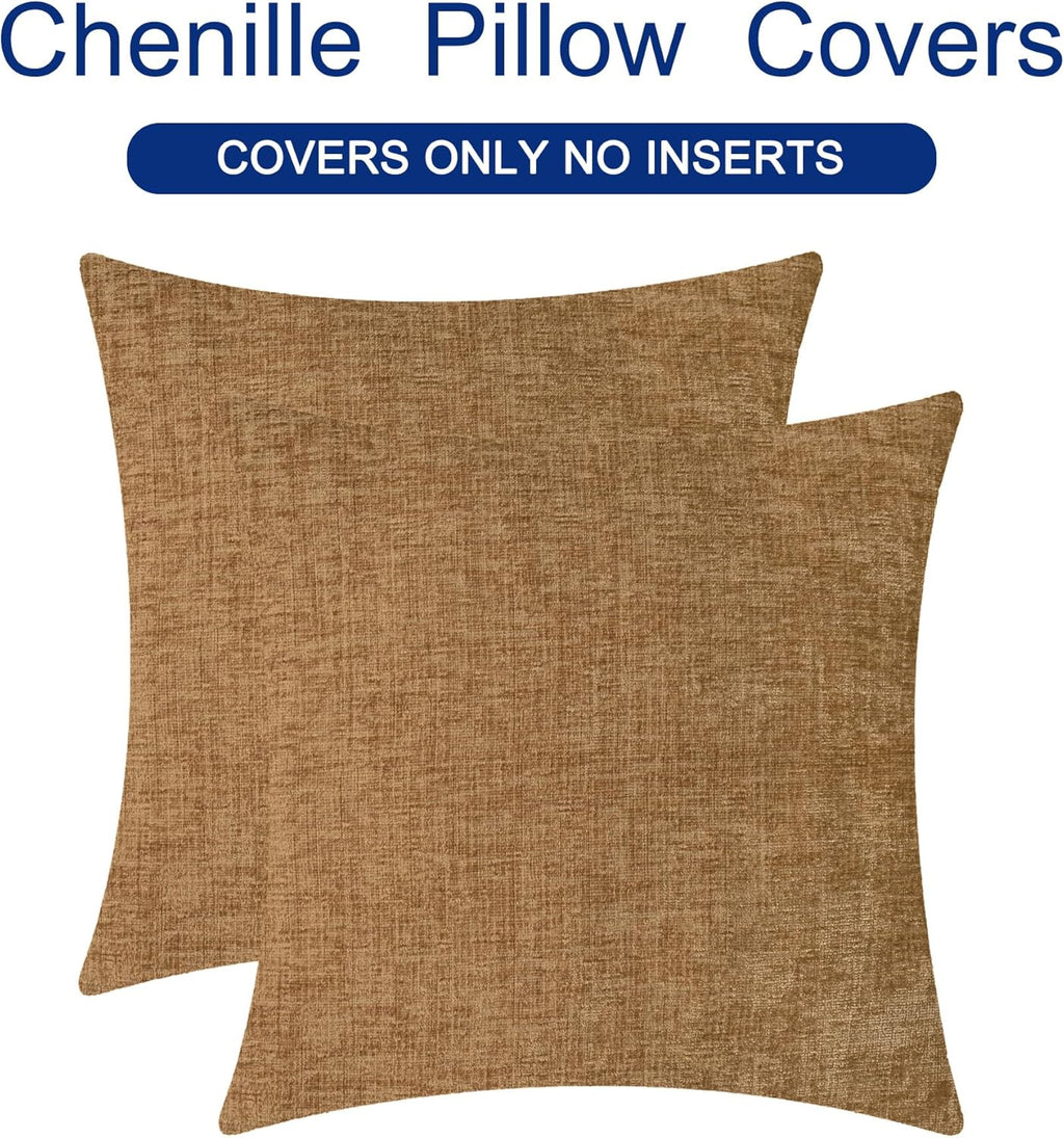 CaliTime Throw Pillow Covers Decorative 16 X 16 Inches Pack of 2 Cozy Chenille Cushion Case for Couch Sofa Bed Living Room Home Apricot Brown