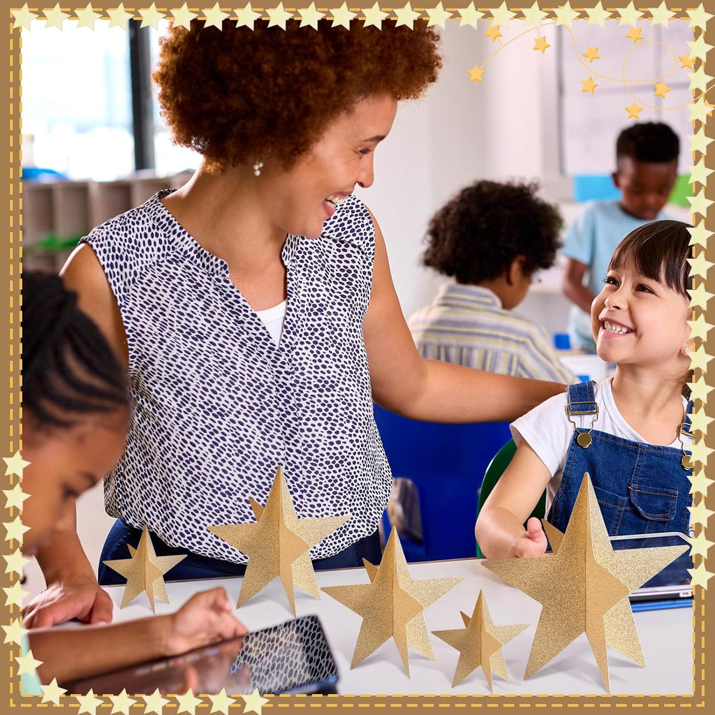 45 Pcs 3D Star Centerpieces Movie Night Decorations for Table in 3 Sizes Hanging Supplies for Red Carpet Film Show Theme Birthday New Year Party First Day of School Table Decor(Champagne)