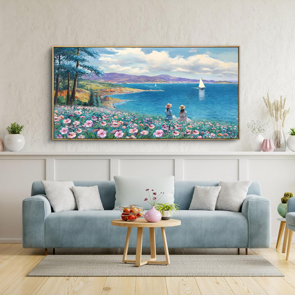 XLSJERST Large Landscape Wall Art - Blue Ocean Pink Flower Sailboat Mountain Tree Decor Orange Frame Artwork for Wall Large Picture for Living Room Bedroom Home Office Wall Decoration Size 24x48