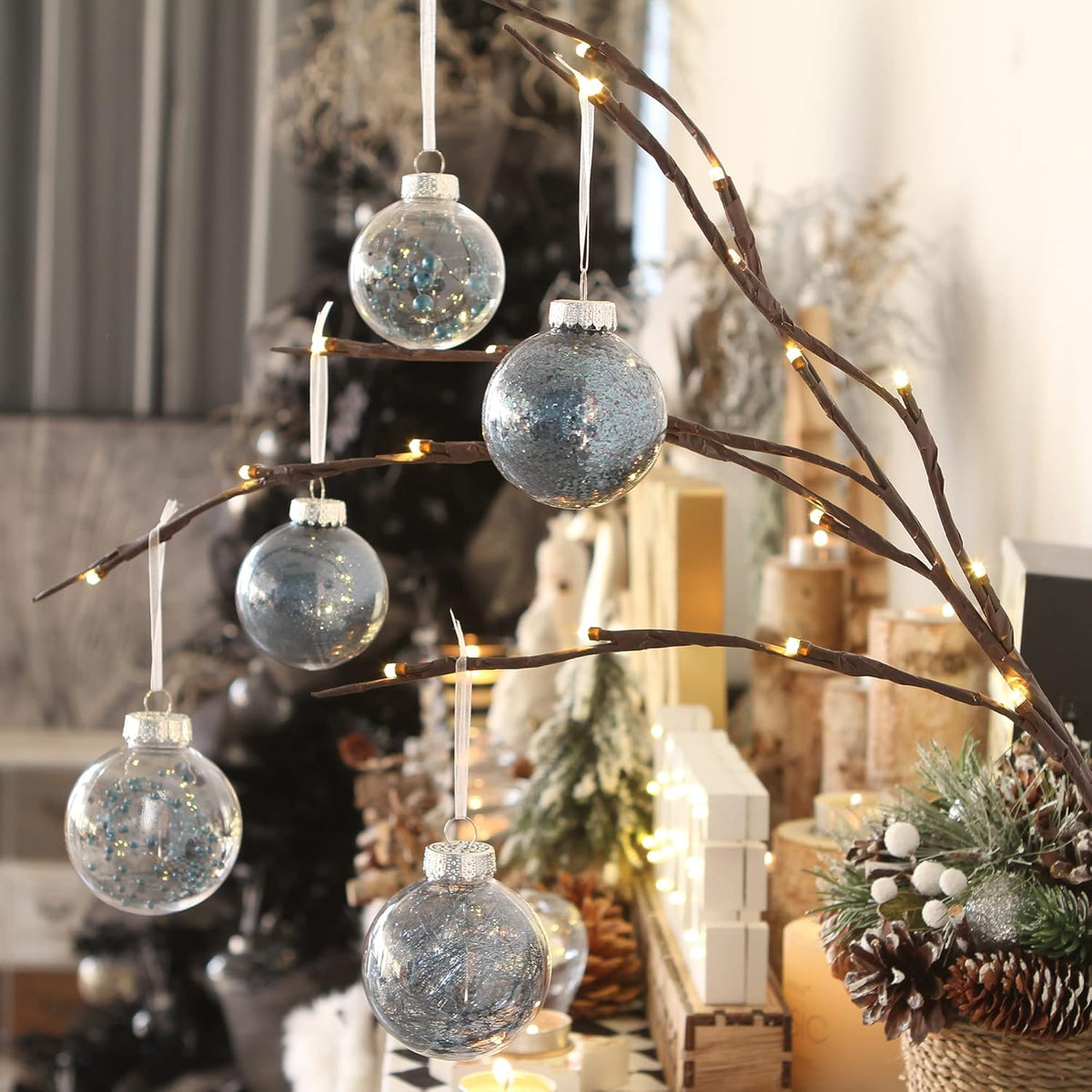 Sea Team Multi-Size Shatterproof Clear Plastic Christmas Tree Ball Ornaments Set, Decorative Hanging Transparent Xmas Baubles with Stuffed Delicate Decorations (25 Counts, Stone Blue)