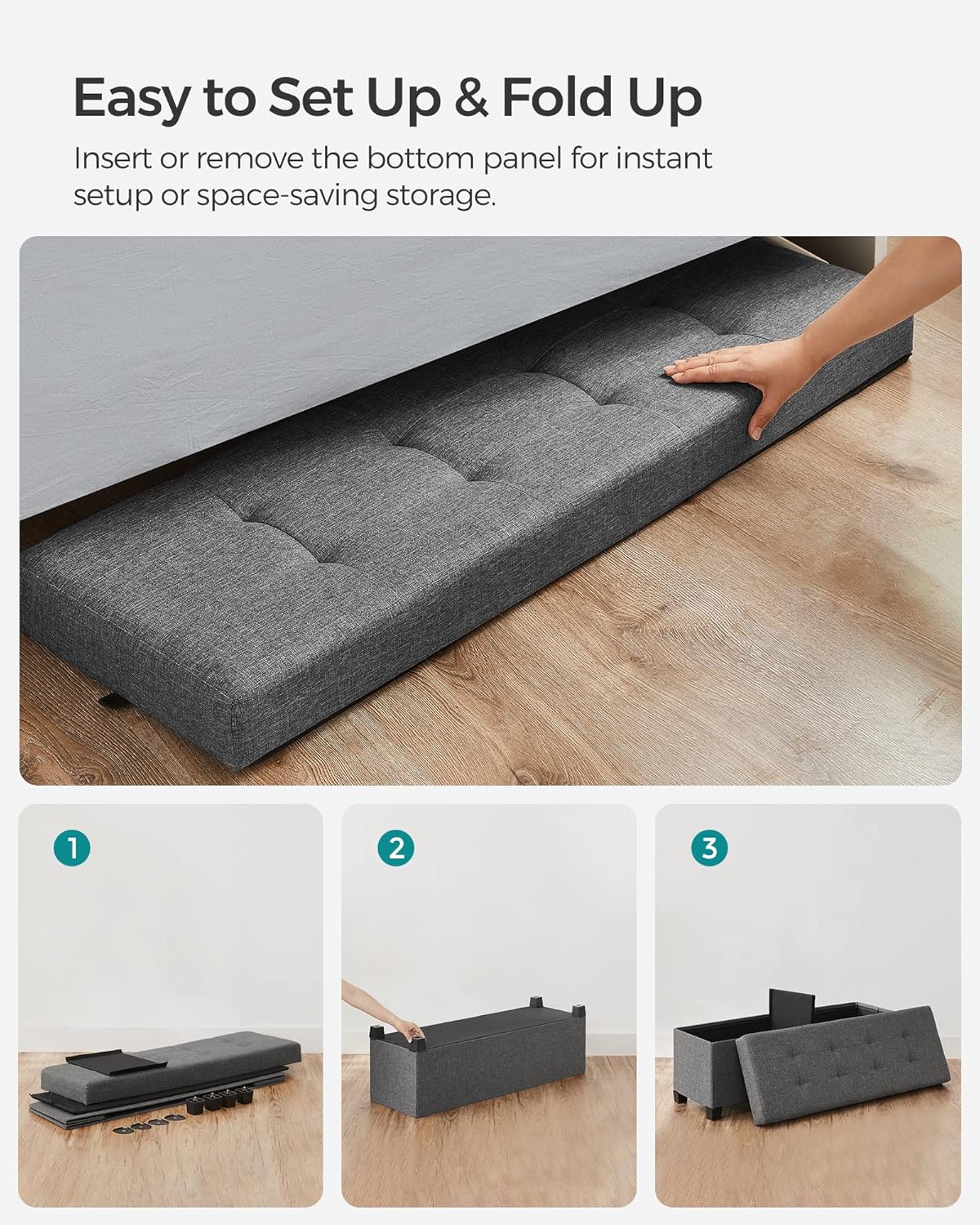 SONGMICS Storage Ottoman Bench, Foldable Foot Rest with Legs, 15 x 43 x 15.7 Inches, End of Bed Bench, Storage Chest, Load up to 660 lb, for Living Room, Bedroom, Entryway, Slate Gray ULSF018G01