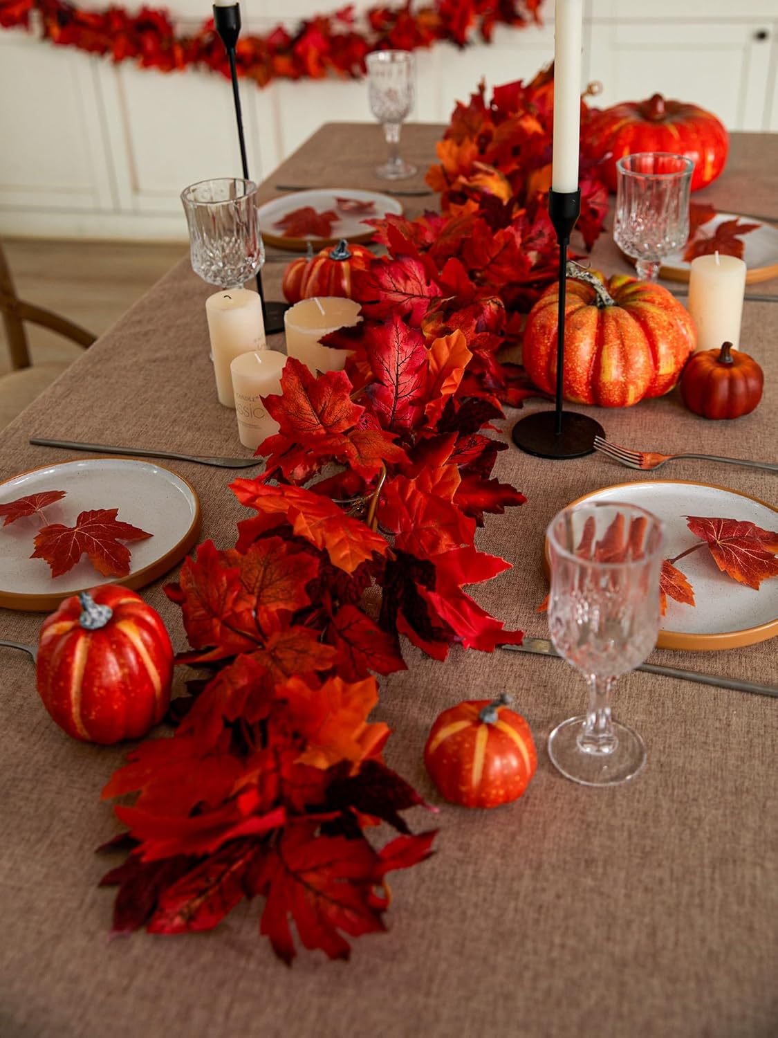Party Joy 6PCS Artificial Maple Leaf Garland - 5.6Ft Autumn Red Fall Decor for Front Door, Table & Wall, Thanksgiving Garland Hanging Vines with Realistic Leaves
