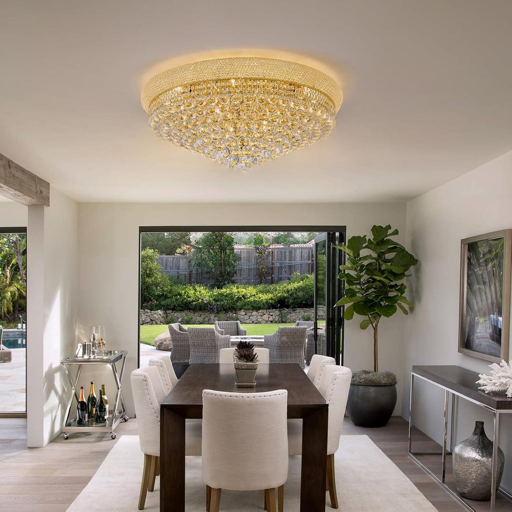 18-Light 32 inch Large Crystal Chandelier Flush Mount Ceiling Light Fixture for Living Room Dining Room Bedroom Foyer Entryway Gold Finish