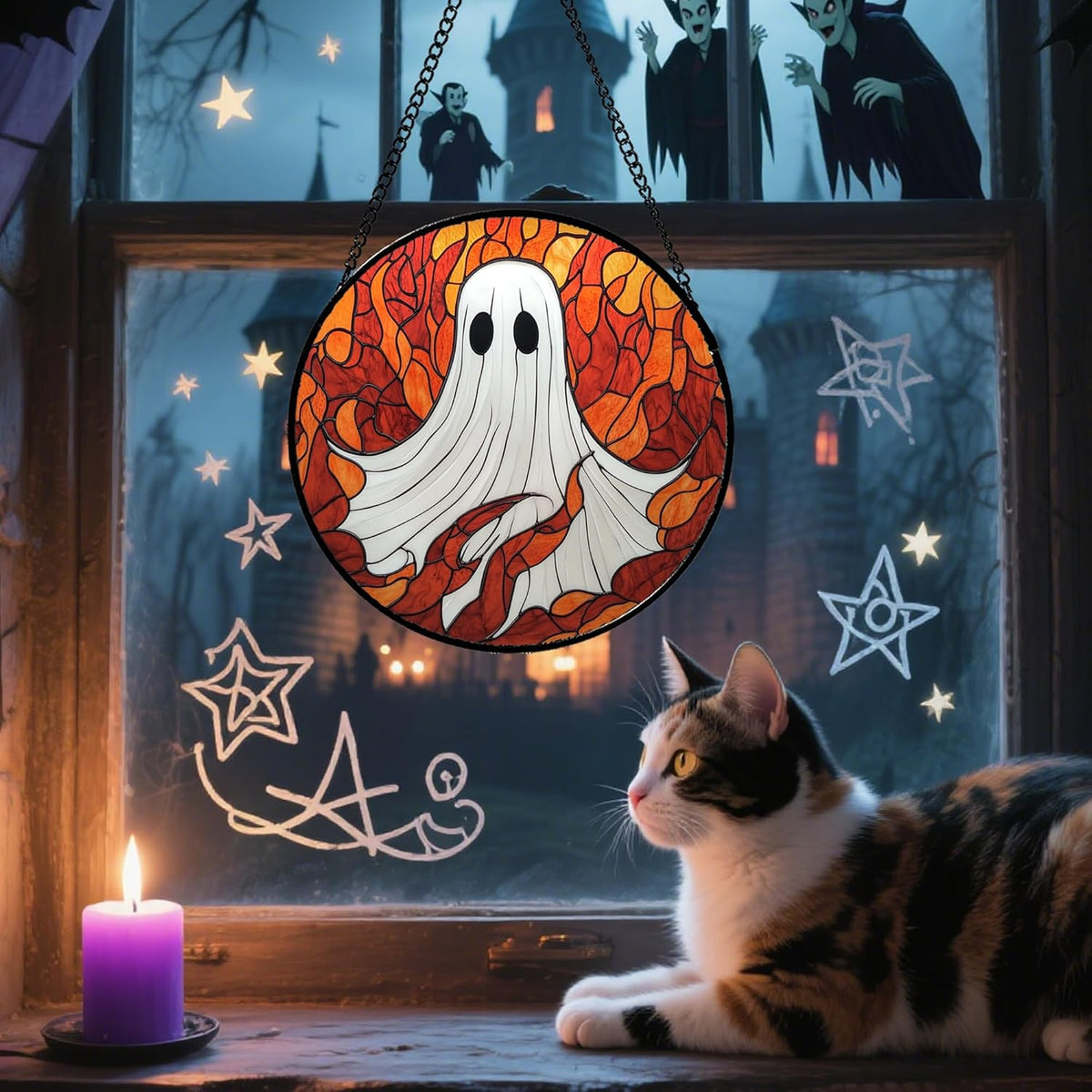 Stained Glass Window Hanging - Halloween Decorations White Ghost Orange Sky Suncatcher for Doors Garden Funny Spooky Sun Catchers Gothic Decor Horror Gifts for Women Men Friend Boy 9.8 in