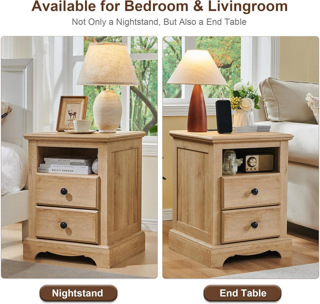 T4TREAM Nightstand with Charging Station, 18 Inch Vintage End Table with 2 Drawers, Wood Rustic Sofa Side Table with Open Storage Shelf for Bedroom, Living Room, Natural Oak