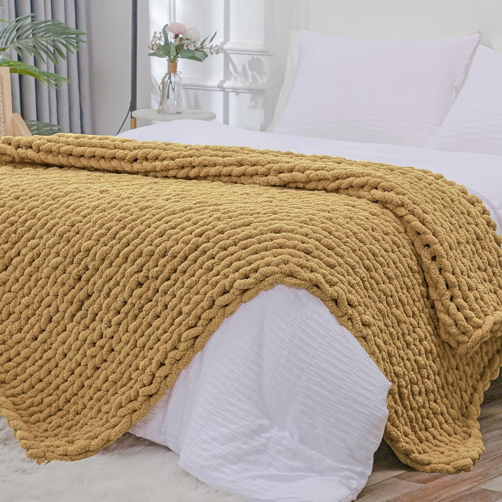 Bigacogo Chunky Knit Throw Blanket for Couch, 51x63 inches, 100% Hand Knitted with Thick Jumbo Chenille Yarn, Cozy Soft Large Rope Knot Cable Crochet Blankets for Sofa Bed Living Room, Goldenrod