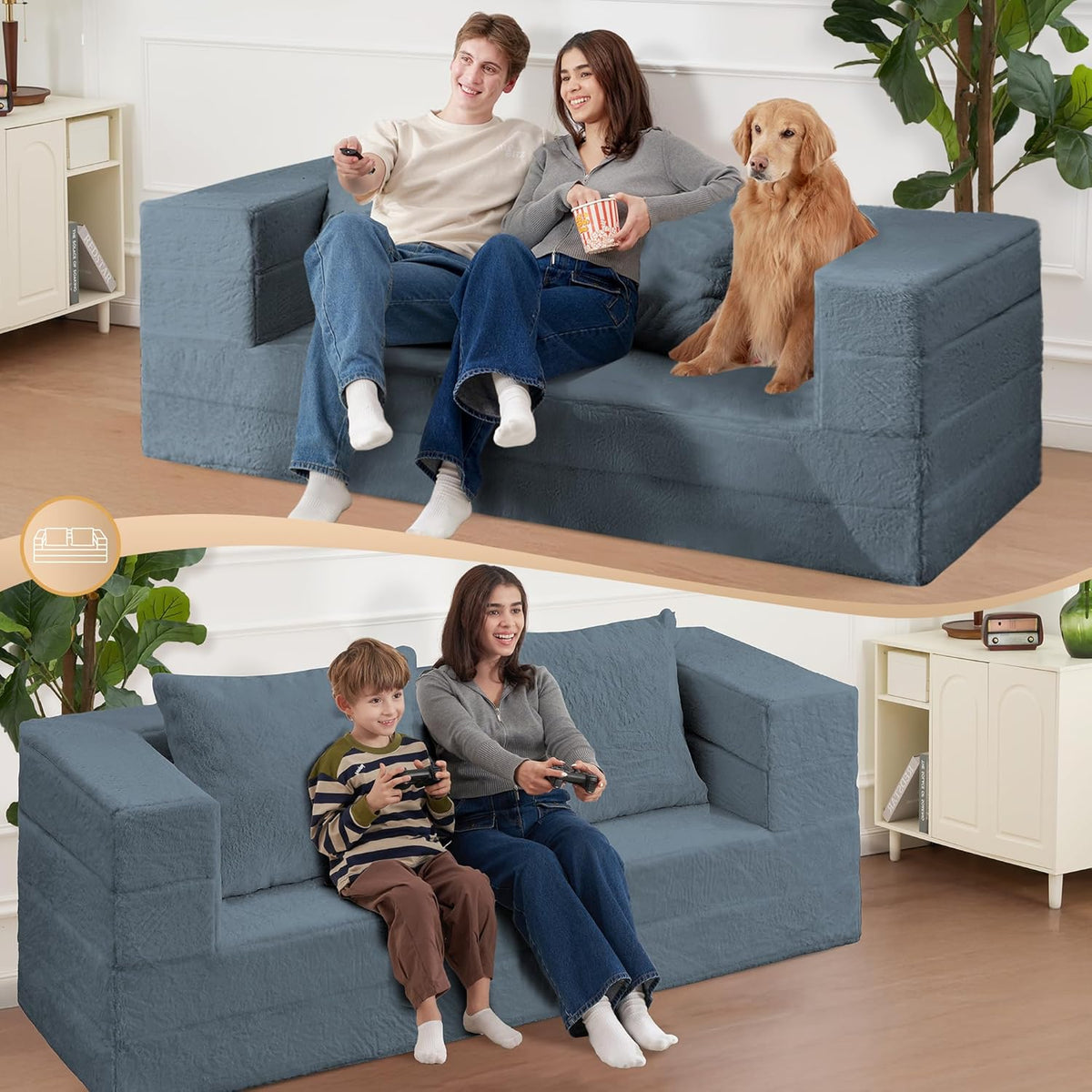 Folding Bean Bag Chair for Adults,3-in-1 Bean Bag Couch Faux Fur Floor Sofa Large Beanbag Convertible Bean Bag Sofa Bed with Pillow in Bedroom,Living Room,Apartment(Queen,Gray)