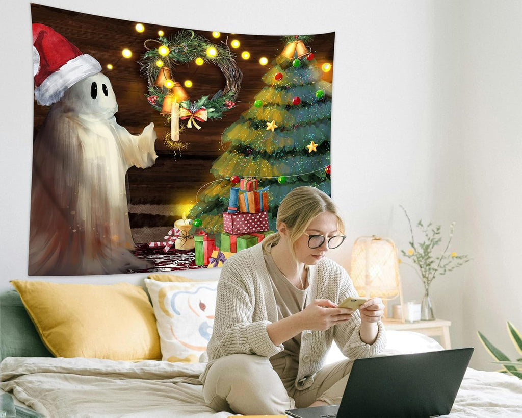 QGHOT Christmas Tapestry Wall Hanging Christmas Tree Backdrop Cute Ghost Wall Decor Xmas Holiday Tapestries for Kids Bedroom Living Room Dorm Party Decoration, Extra Large