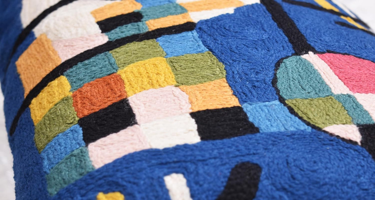Lumbar Kandinsky Blue Modern Pillow Cover - Counterweights Mid-Century Chair Cushions Blues Abstract Pillowcase Contemporary Sofa Pillowsham Handembroidered Wool Size 14x20