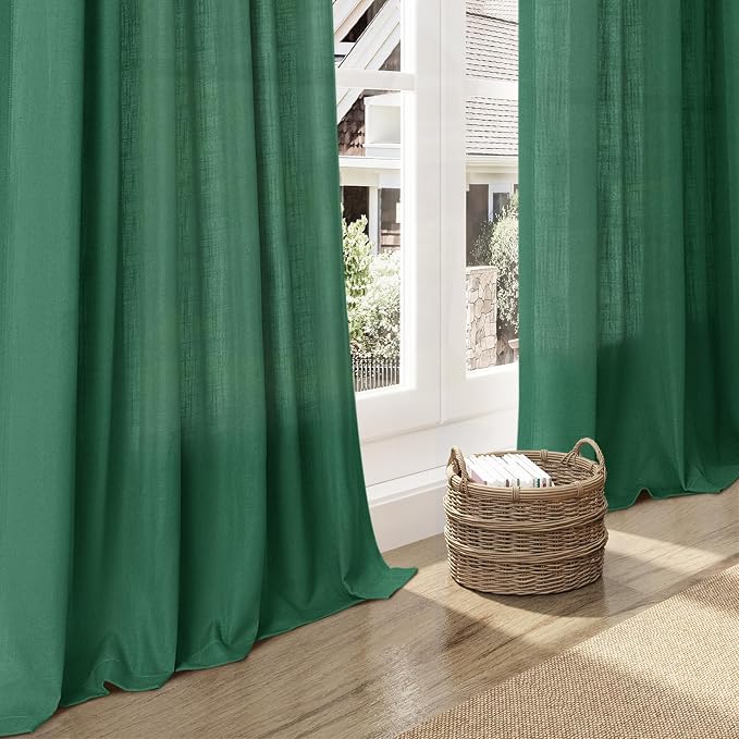 Dark Green Linen Curtains 84 Inch Length 2 Panels Set - Image 6