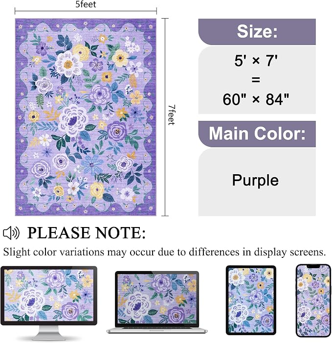 DUKINO 5x7 Area Rugs, Floral Washable Rug - Image 2