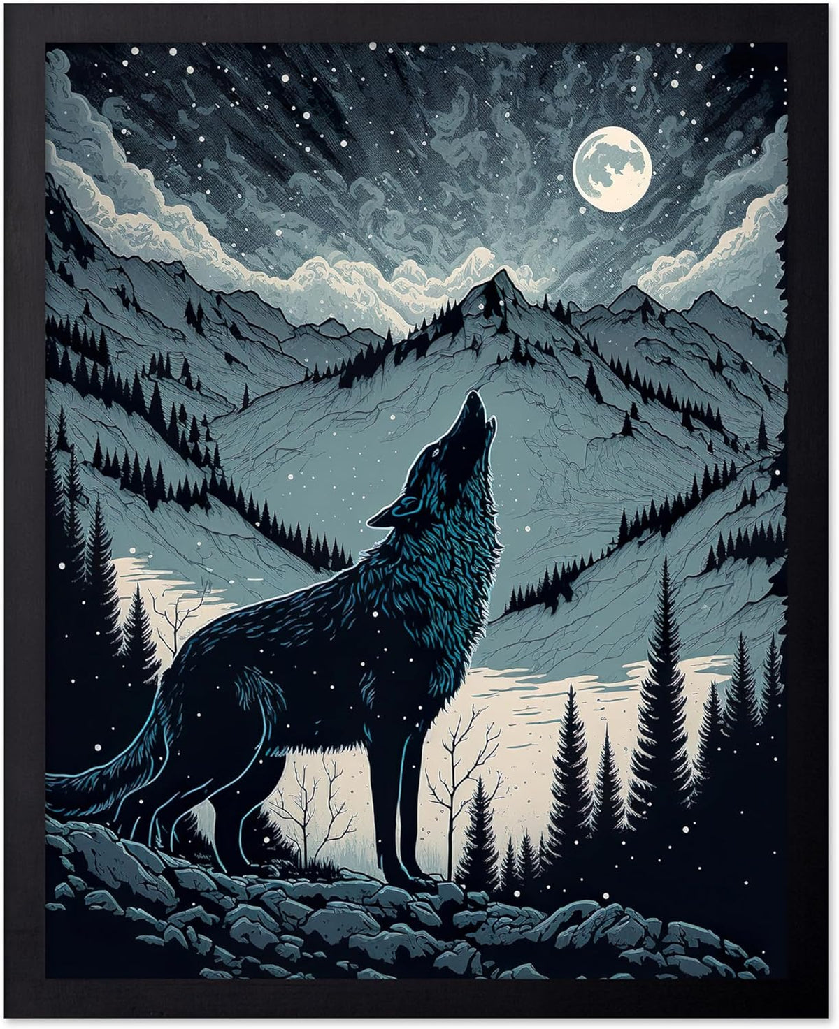 Poster Master Vintage Illustration Poster - Retro Animal Print - Gift for Artist, Friend - Wolf Howling at the Moon, Mountain, Snow, Landscape - Wall Decor for Home, Office, 16x20 Black Framed