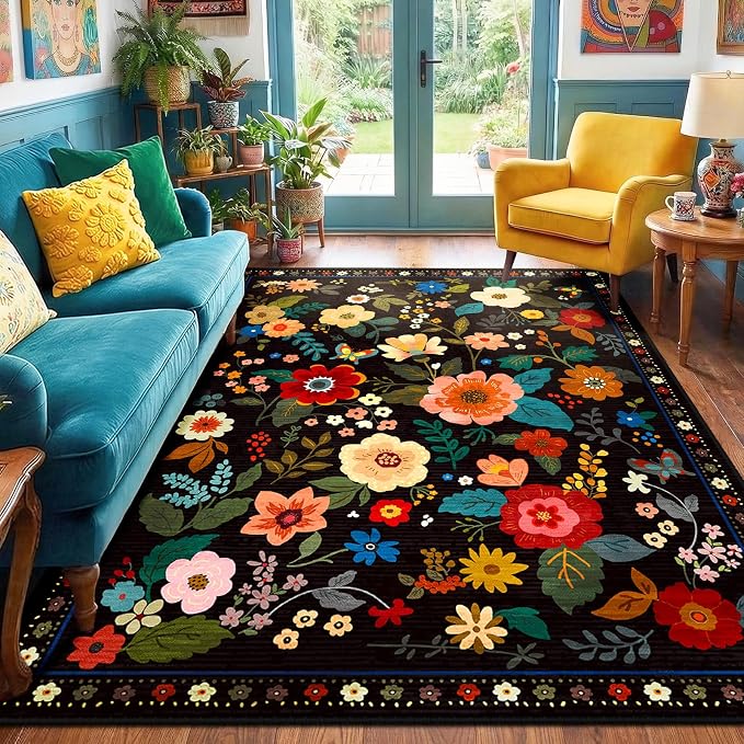 RELEANY Floral Washable 6x9 Area Rugs Black | Flower Carpet Print Boho Cute Non - Image 6