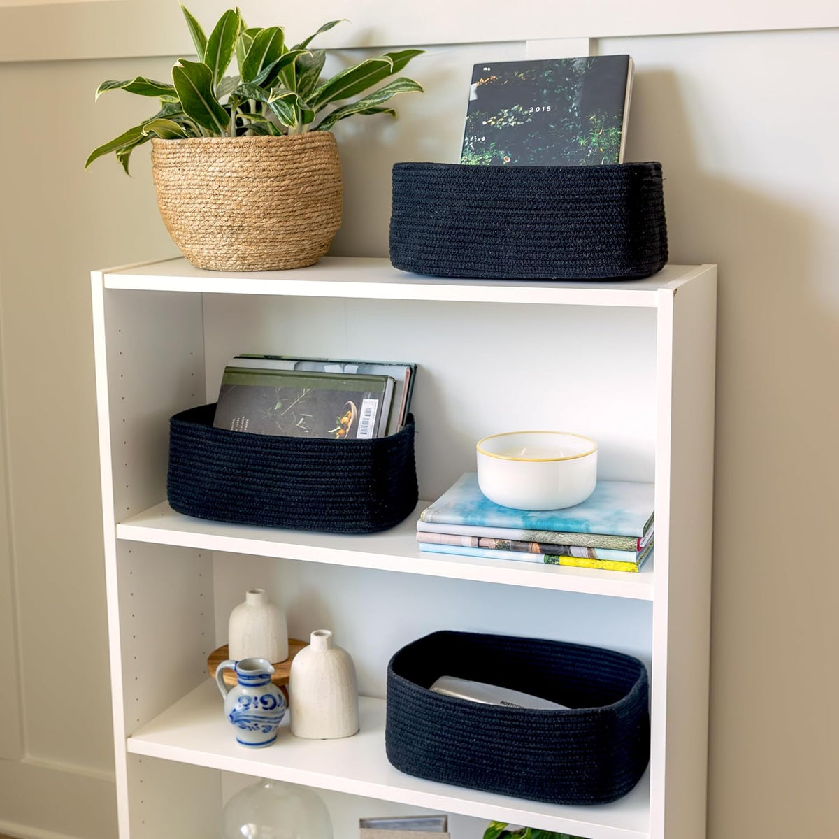 NaturalCozy 13.5”x8.5”x5.5” Rectangle Storage Baskets for Shelves 3 Pack | Cotton Rope Woven Small Baskets for Organizing | Small Storage Bins for Nursery, Bathroom, Closet, Shelf, Decorative