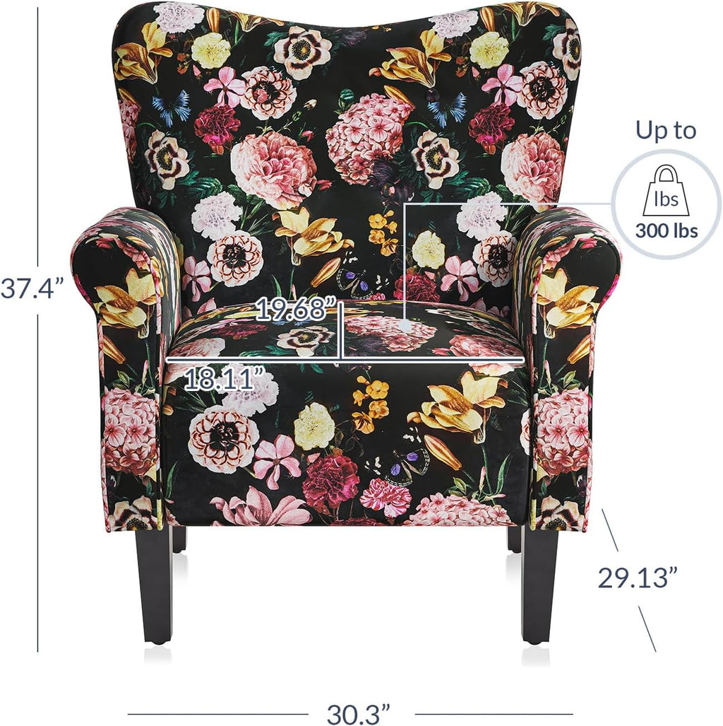 BELLEZE Modern Accent Chair for Living Room, High Back Linen Armchair with Wooden Legs, Upholstered Wingback Side Chair Padded Armrest Single Sofa for Living Room, Bedroom - Allston (Black & Flower)
