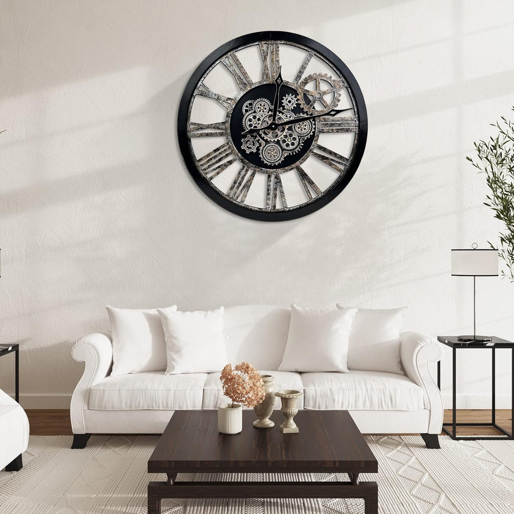 Large Wall Clock, Clocks for Living Room Decor Oversized 30 Inch Wall Decor Farmhouse Vintage Rustic Industrial Roman Big Chic Home Decor Wall Clock for House Bedroom Office, Moving Gears Clock